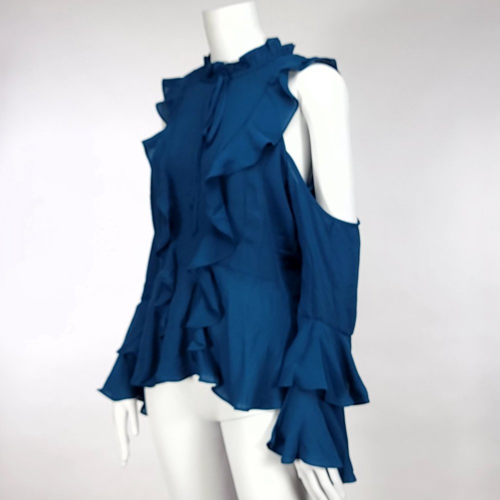 Romeo + Juliet Couture Cold‎ Shoulder Blouse Womens Ink Blue Ruffle Peplum M - Picture 2 of 9